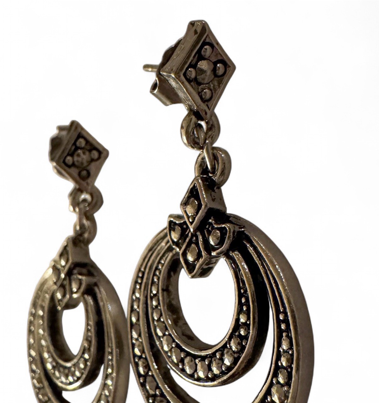 Vintage Marcasite Dangle Earrings Pierced – Retro 1940s Style Silver Ribbon