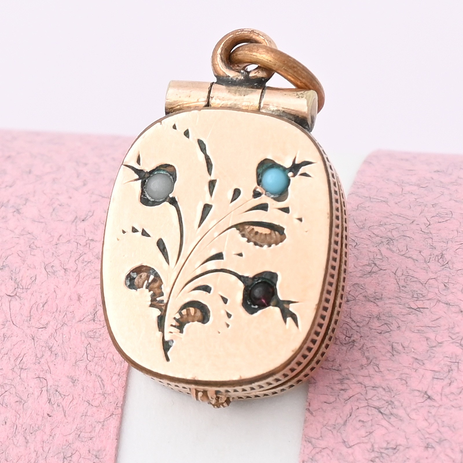 Antique Victorian TINY Thistle Flower Gold Filled Paste Charm Pendant Locket