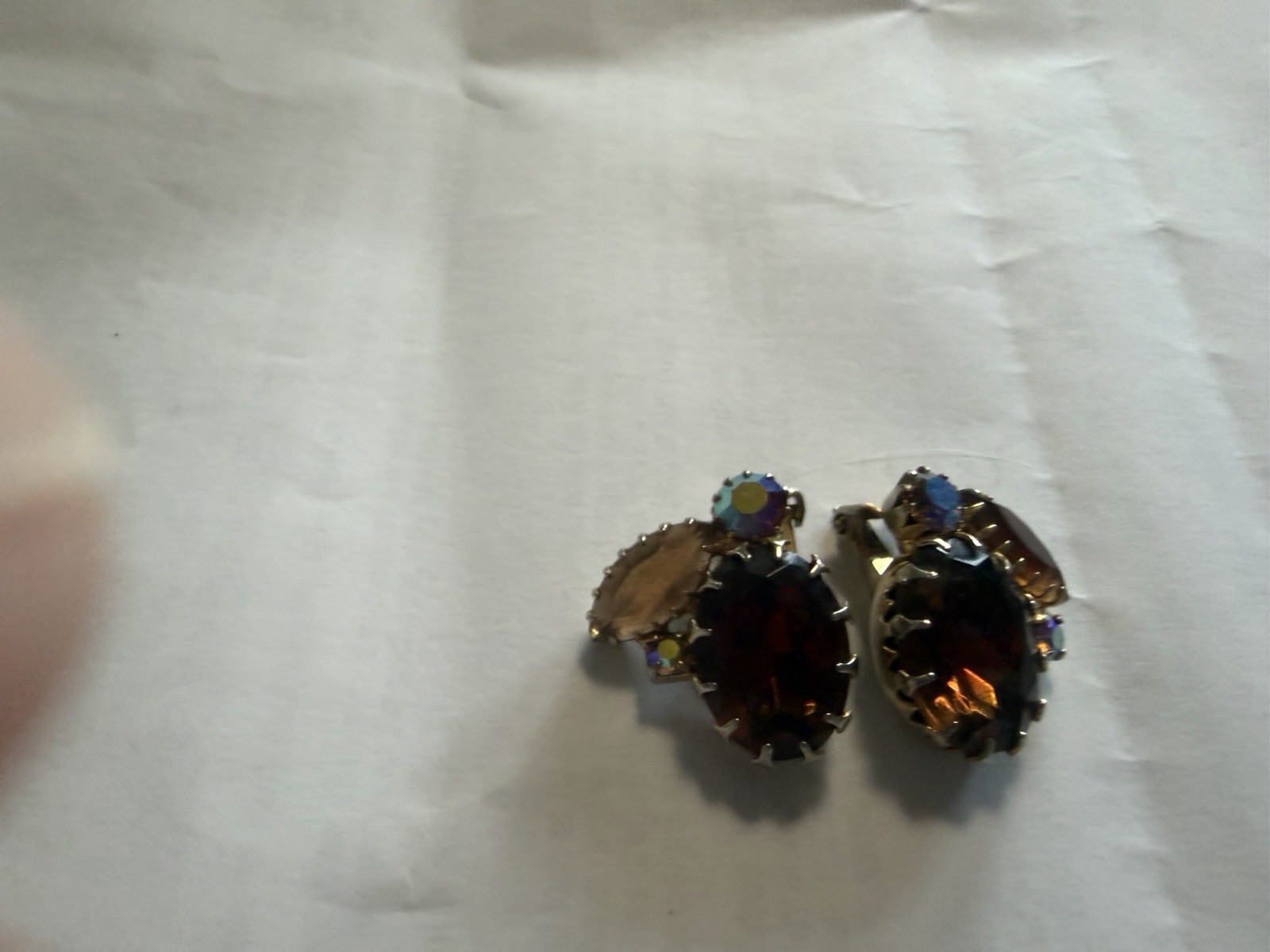Amber Colored Crystal and Ab Clip On Earrings Gold Tone Vintage