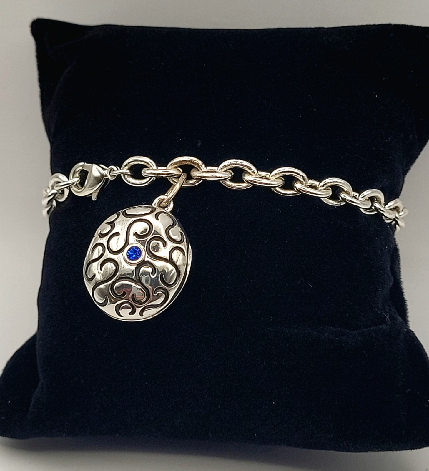 Vintage Silver Tone Chunky Chain Bracelet with Oval Enamel Locket & Blue Crystal
