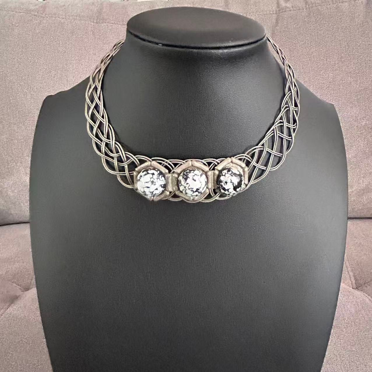 Vintage Woven Wire Mesh Choker Collar Necklace Silver Tone Black White Cabochon