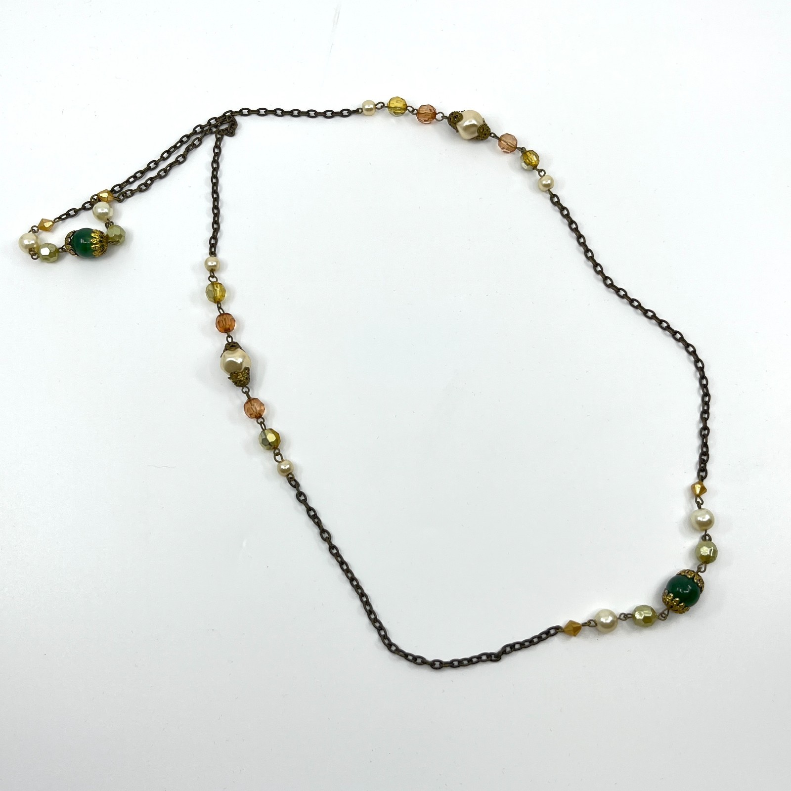 Vintage Earth Tone Beaded Necklace Green Gold Faux Pearl Bronze Tone Chain Retro