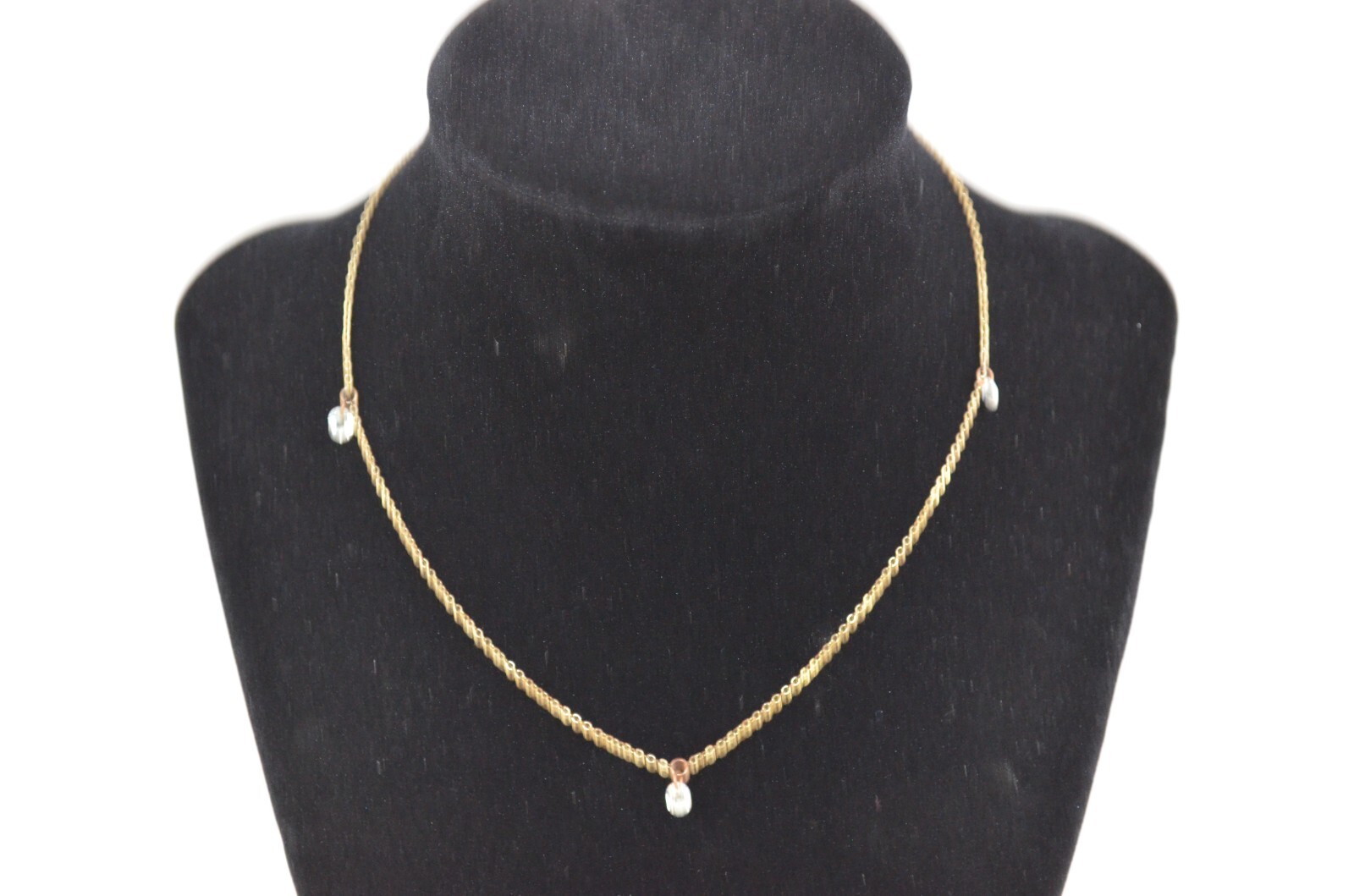 Gold Tone Necklace w/ Small Widely Spaced Clear Glass Faceted Beads 17.5″