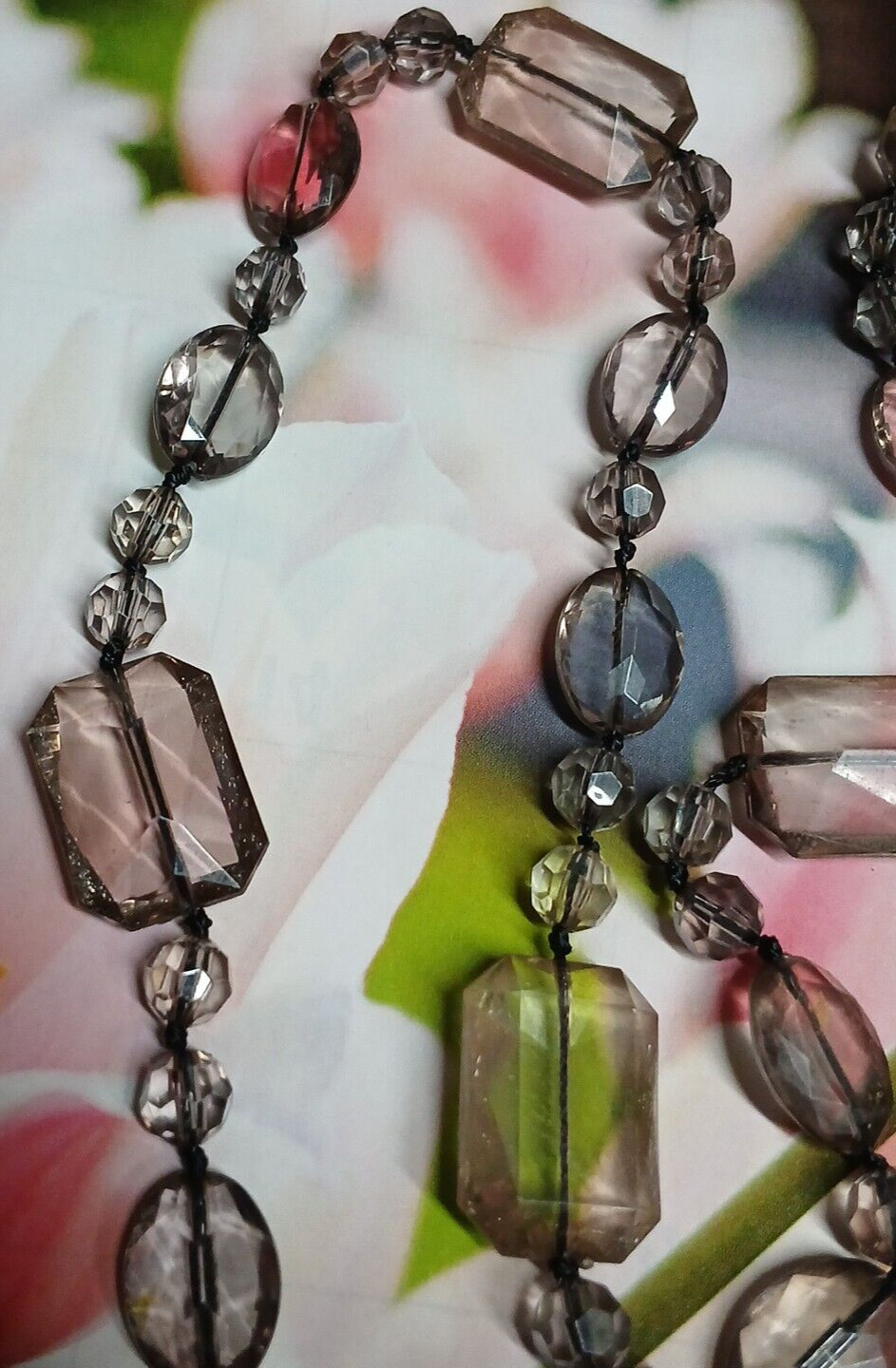 Long Light/Dusty Pink Faceted Emerald, Oval and Round Lucite Bead Necklace