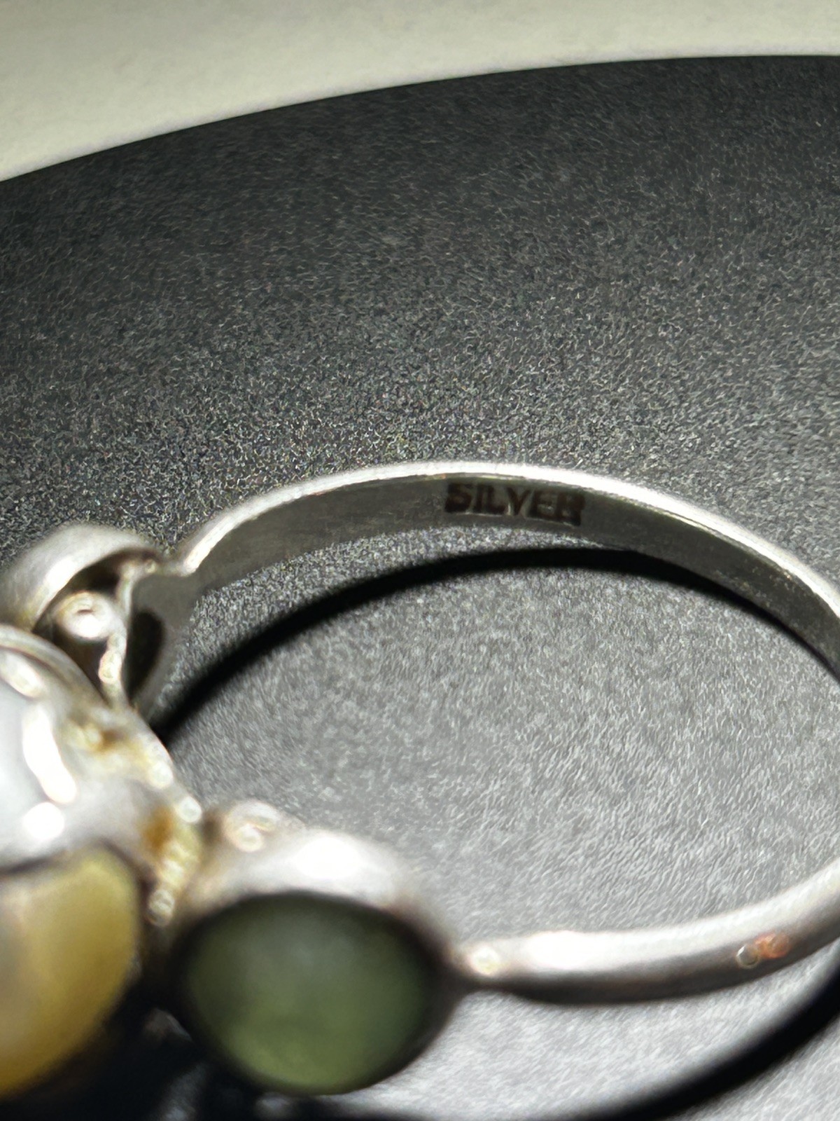Antique Sterling Silver Pearl Ring with Natural green side stones