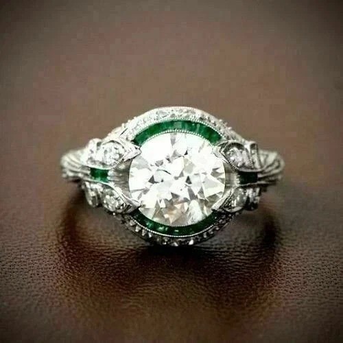 3Ct Art Deco Style Lab-Created Diamond & Emerald Wedding 14K White Gold FN Ring