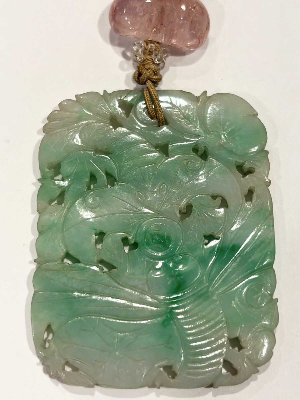 Antique 18g Chinese Carved Jade Pendant Pink Tourmaline Bead Bat & Butterfly