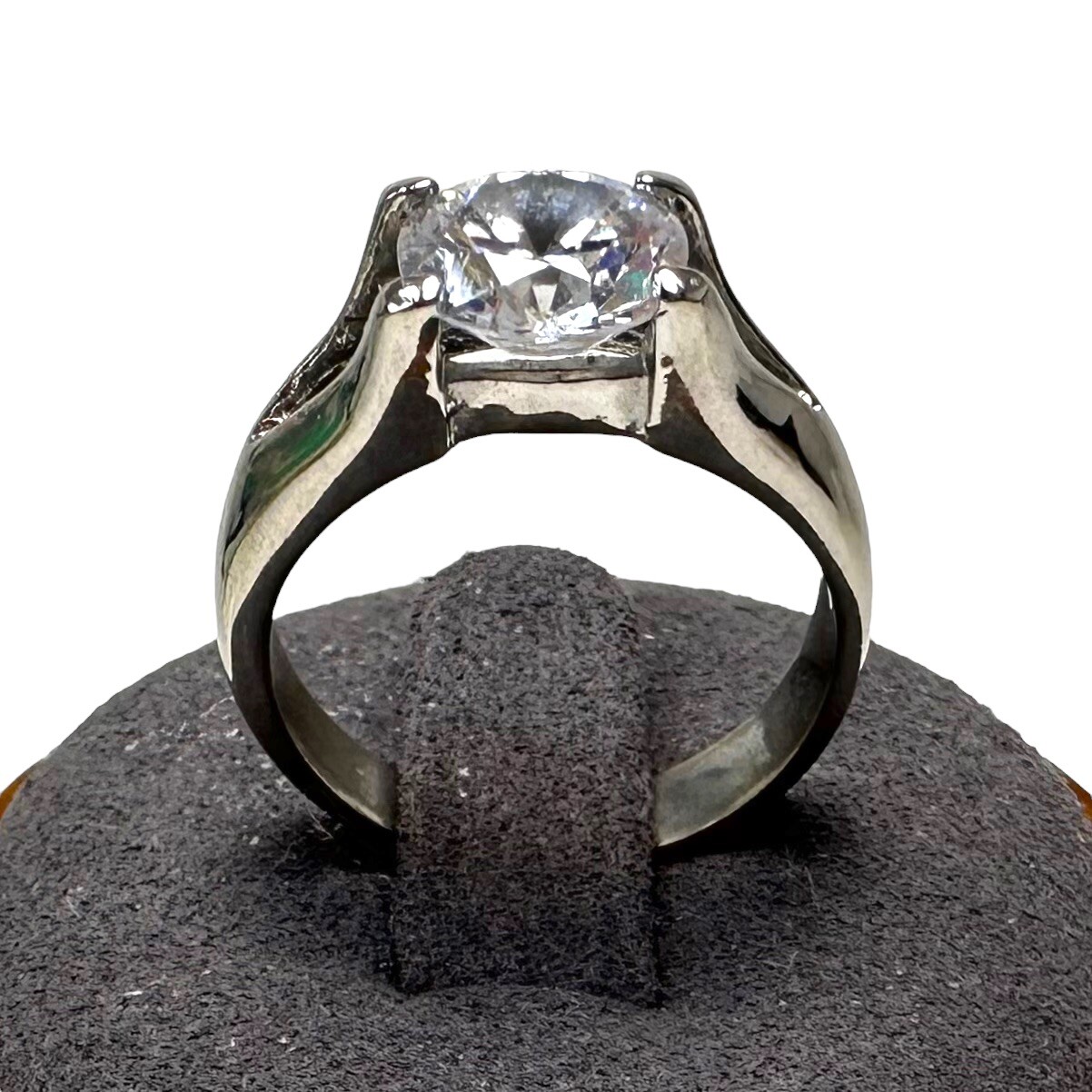 Vtg Silver Tone Round Solitaire Floating Rhinestone Costume Ring Size 7.5