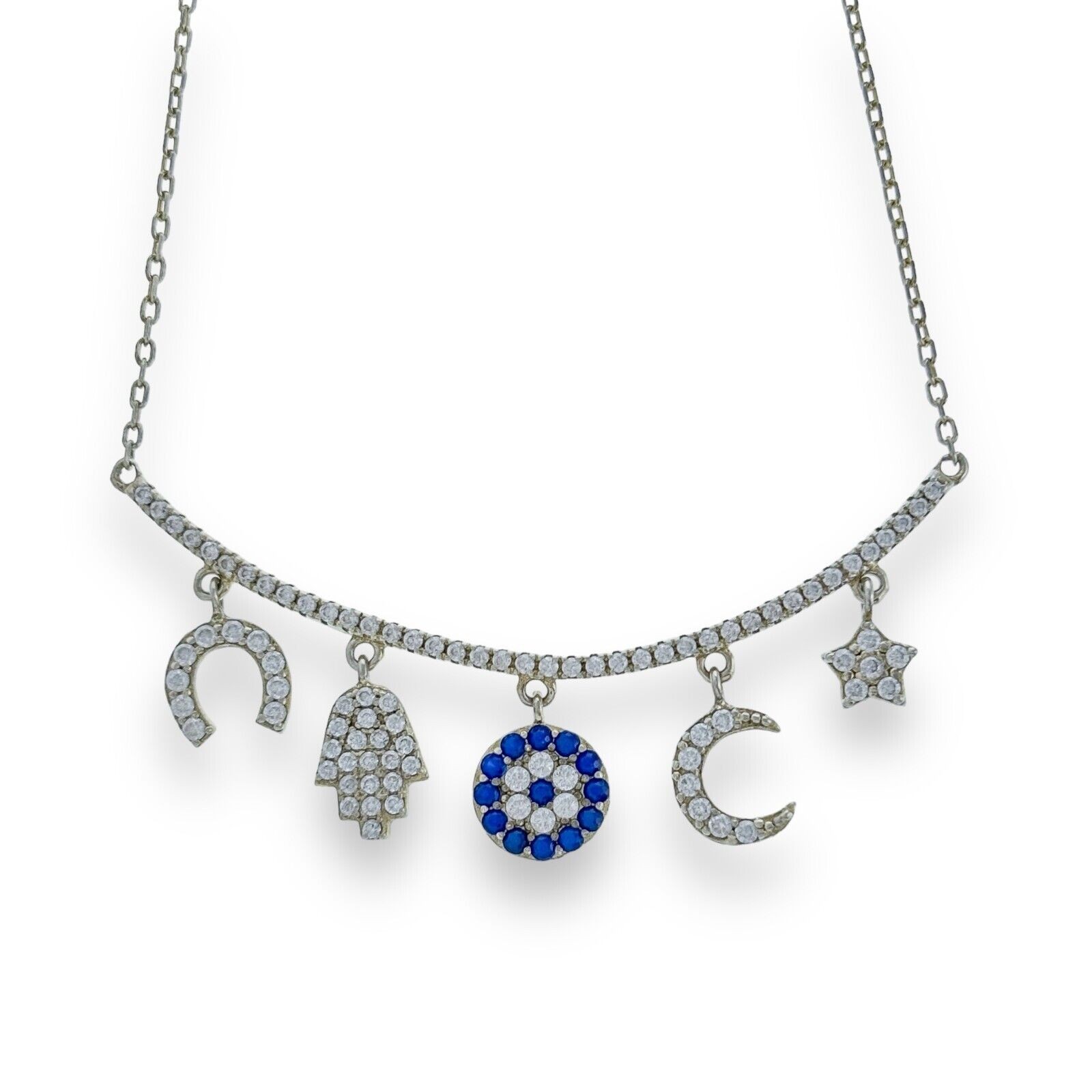 China Sterling Silver 925 Lucky Charm Blue White Crystal Bib Necklace 16″-18″