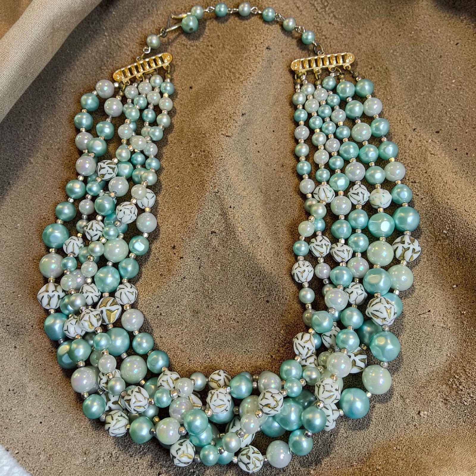 Vintage Japan 6 Strand Aqua Seafoam Glass & Acrylic Bead Necklace Statement Bib