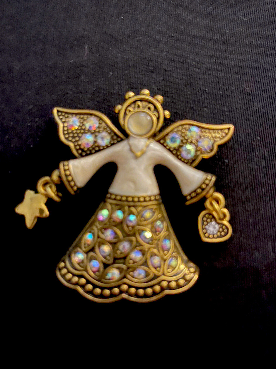Vintage signed KC Enamel & Rhinestone Angel With Charms Brooch Pin Estate