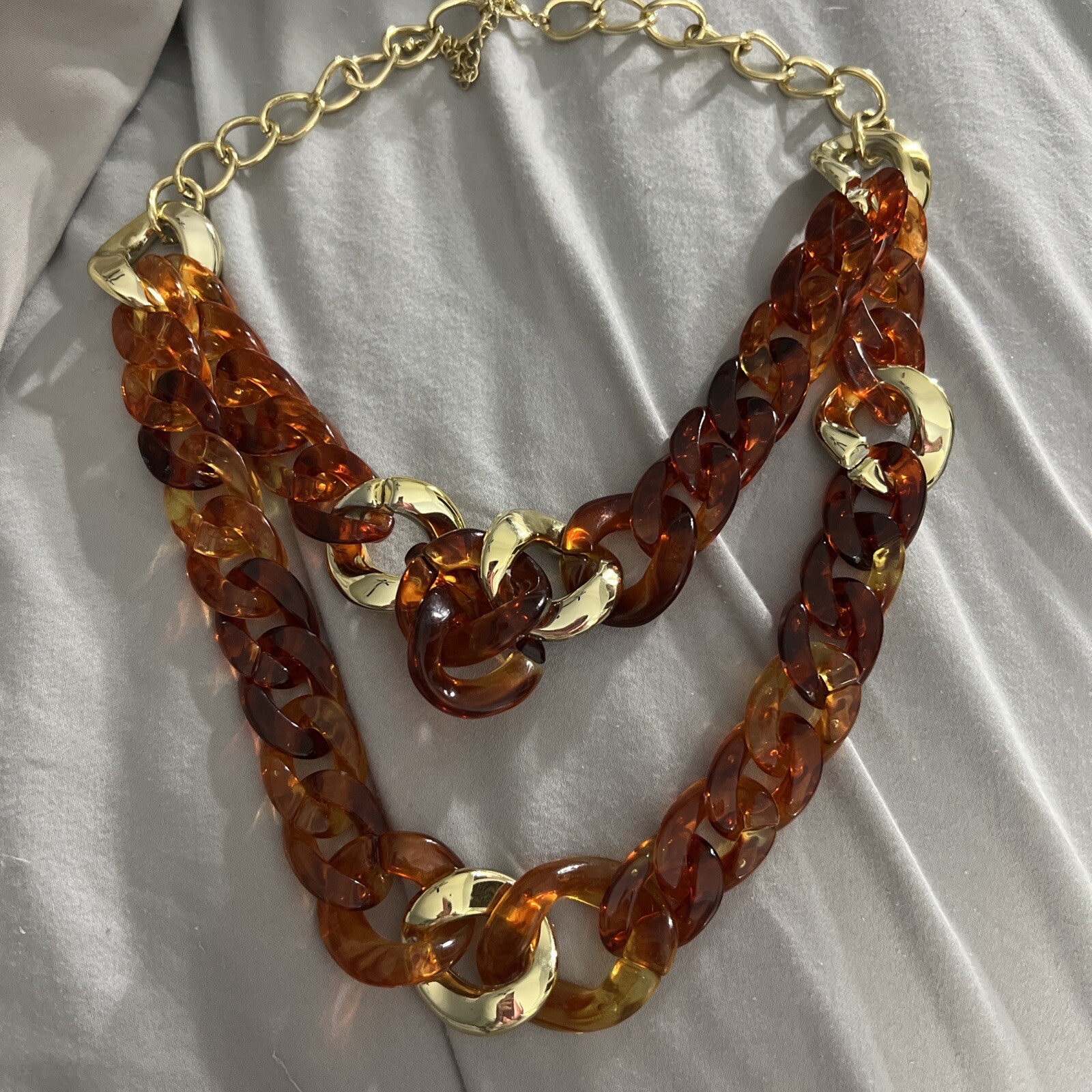 Large Link Amber Acrylic/lucite Two Tier Necklace With Gold Tone Spacer Links