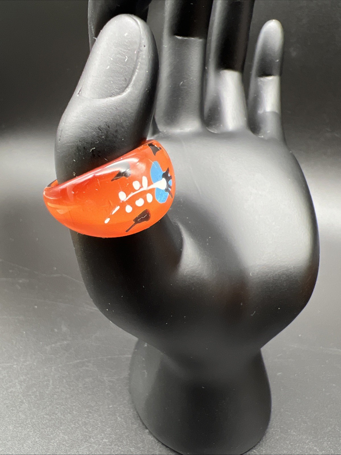 Acrylic/Resin Rings/Multi Stripe (8) and Orange w/Floral Design (9) /70s Style