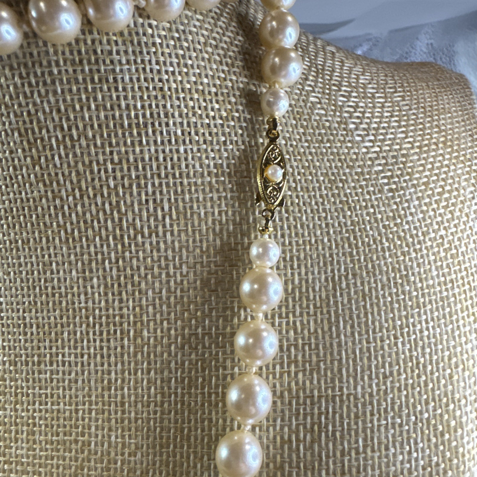Vintage 30” Faux pearl glass individually knotted Necklace signed Japan