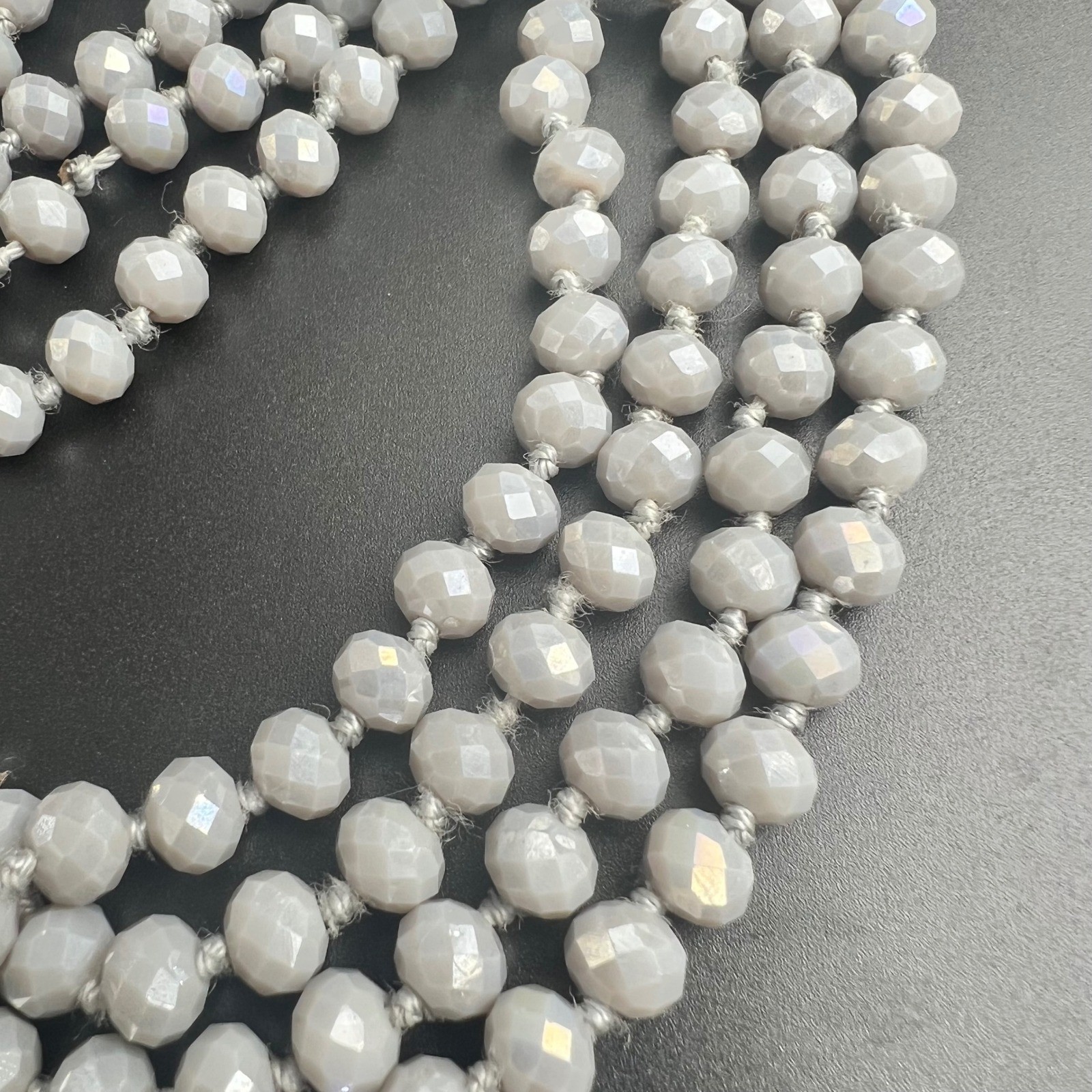 Gray Faceted Glass Knotted Long Opera Length Bead Necklace Vintage 1960s