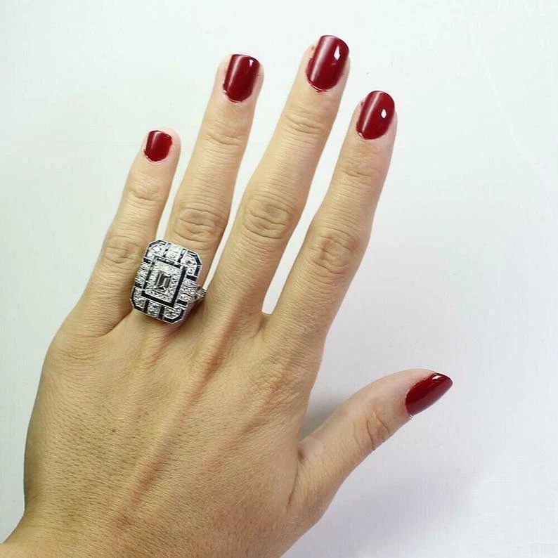 Art Deco Style Lab Created Diamond & Sapphire 925 Silver Anniversary Gift Ring