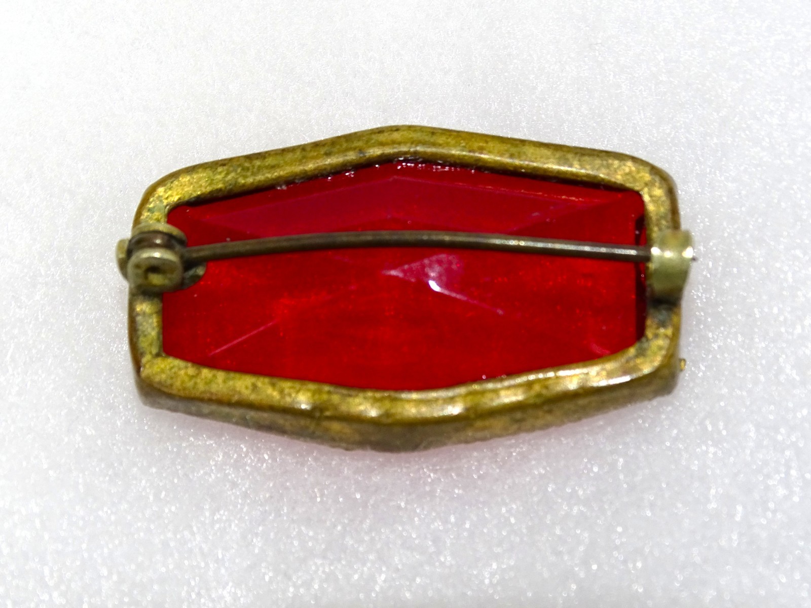 Vintage/Antique Red Glass Brooch, Elongated Hexagon with C-clasp