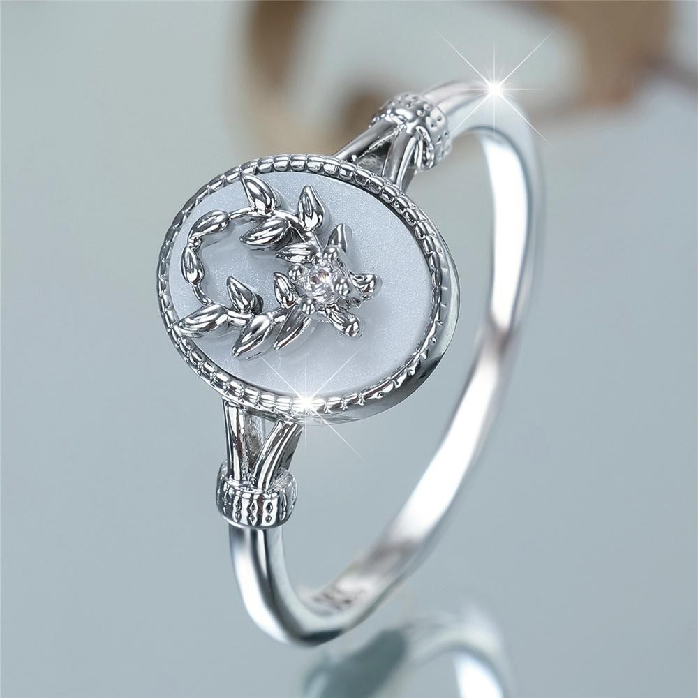 Vintage Gold Silver Oval Leaf Ring White Enamel Stone Women Wedding Jewelry Gift
