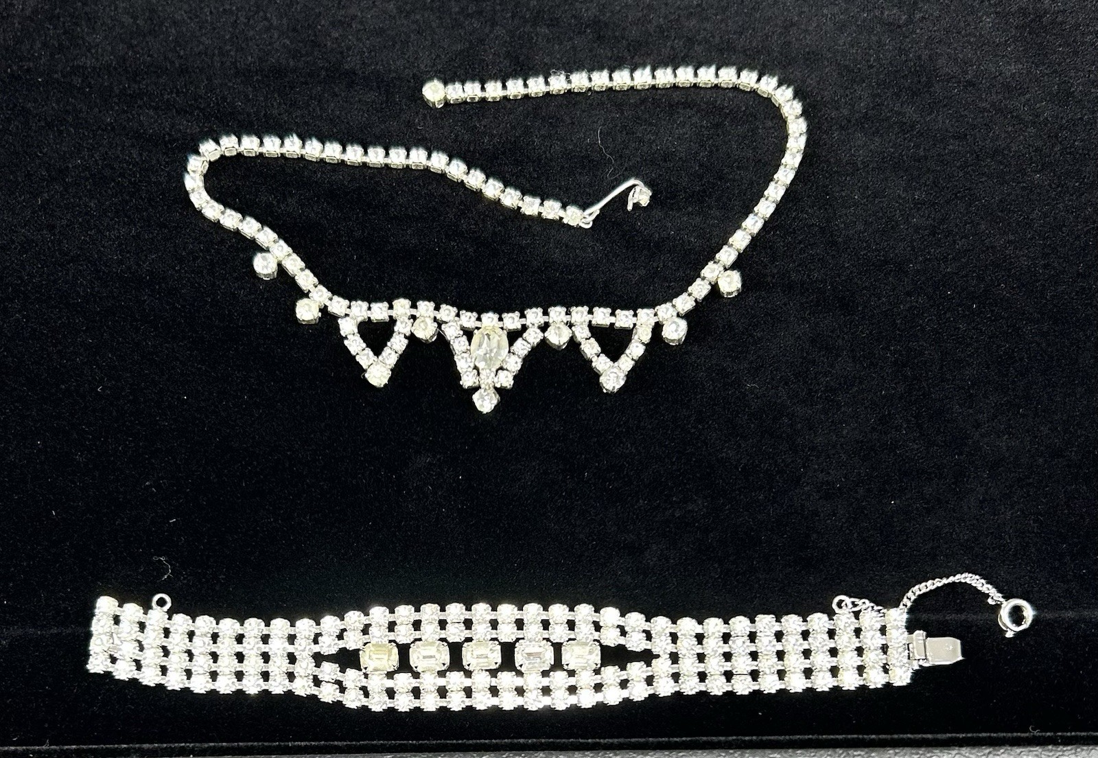Vintage Silvertone Diamond Clear Rhinestone Necklace & Bracelet Costume Jewelry