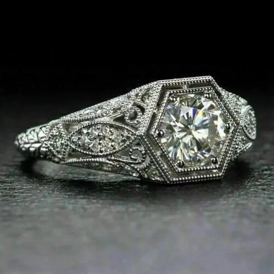 Art Deco Vintage Style Round Lab Created Diamond Engagement Ring 14K Gold Finish