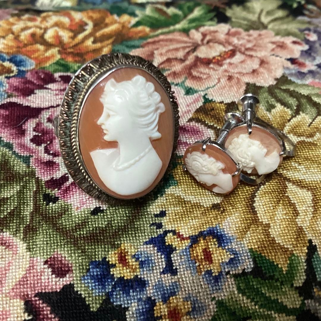 Semi Antique Shell Cameo Silver Ring & Earring