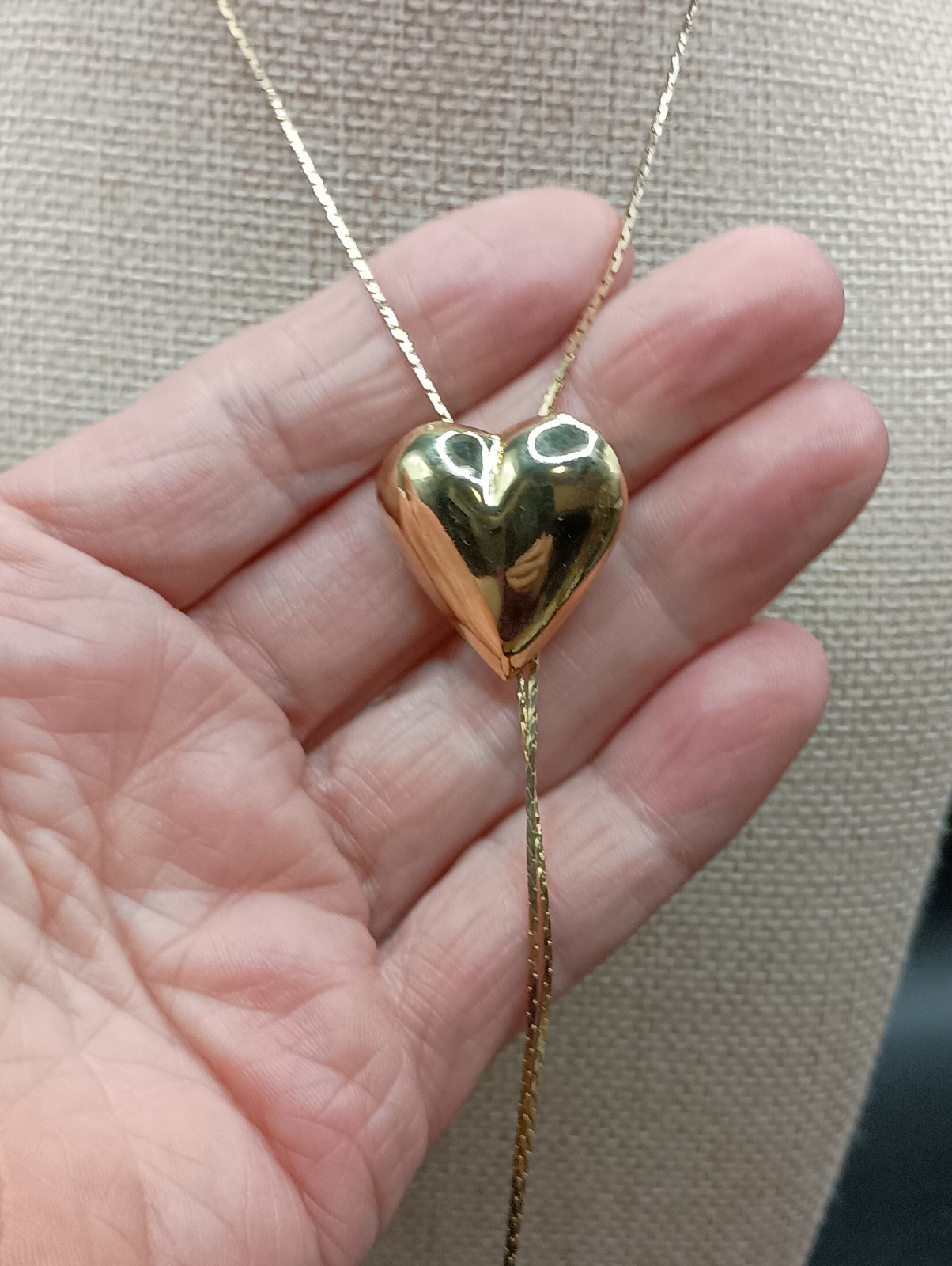 Vintage Heart Lariat Necklace Puffy Slide Pendant Gold Tone Bolo Tassel