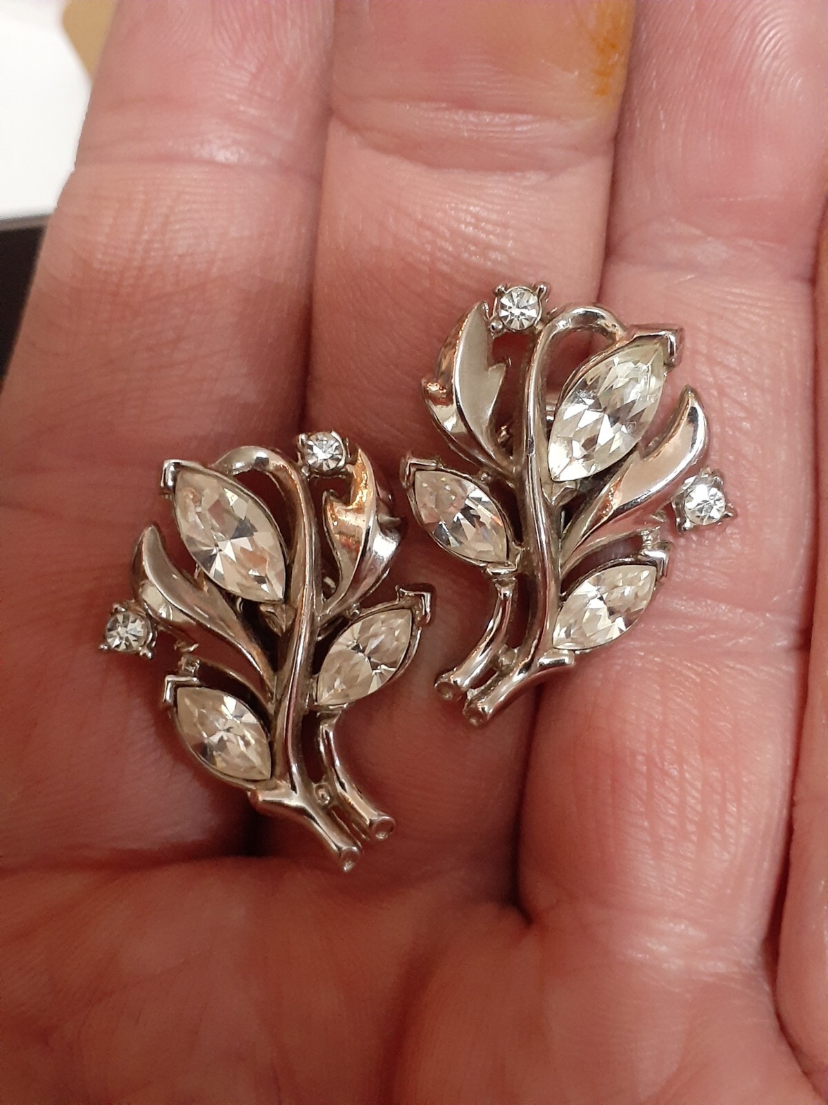 Vintage Crown Trifari rhodium plated marquise cut rhinestone clip on earrings