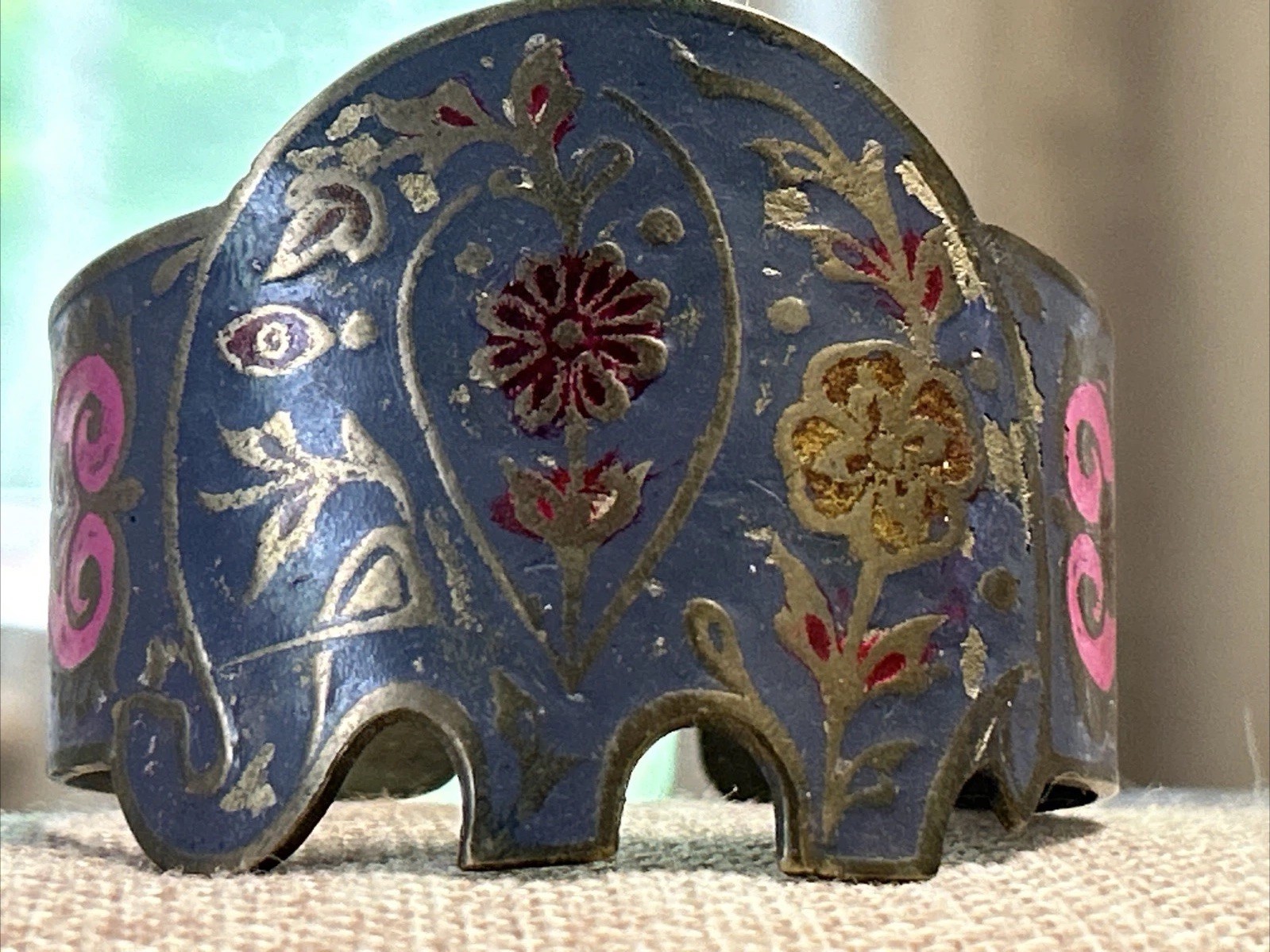 Vintage India Brass Enamel Painted Cuff Bracelet Elephant Floral Boho Blue VTG