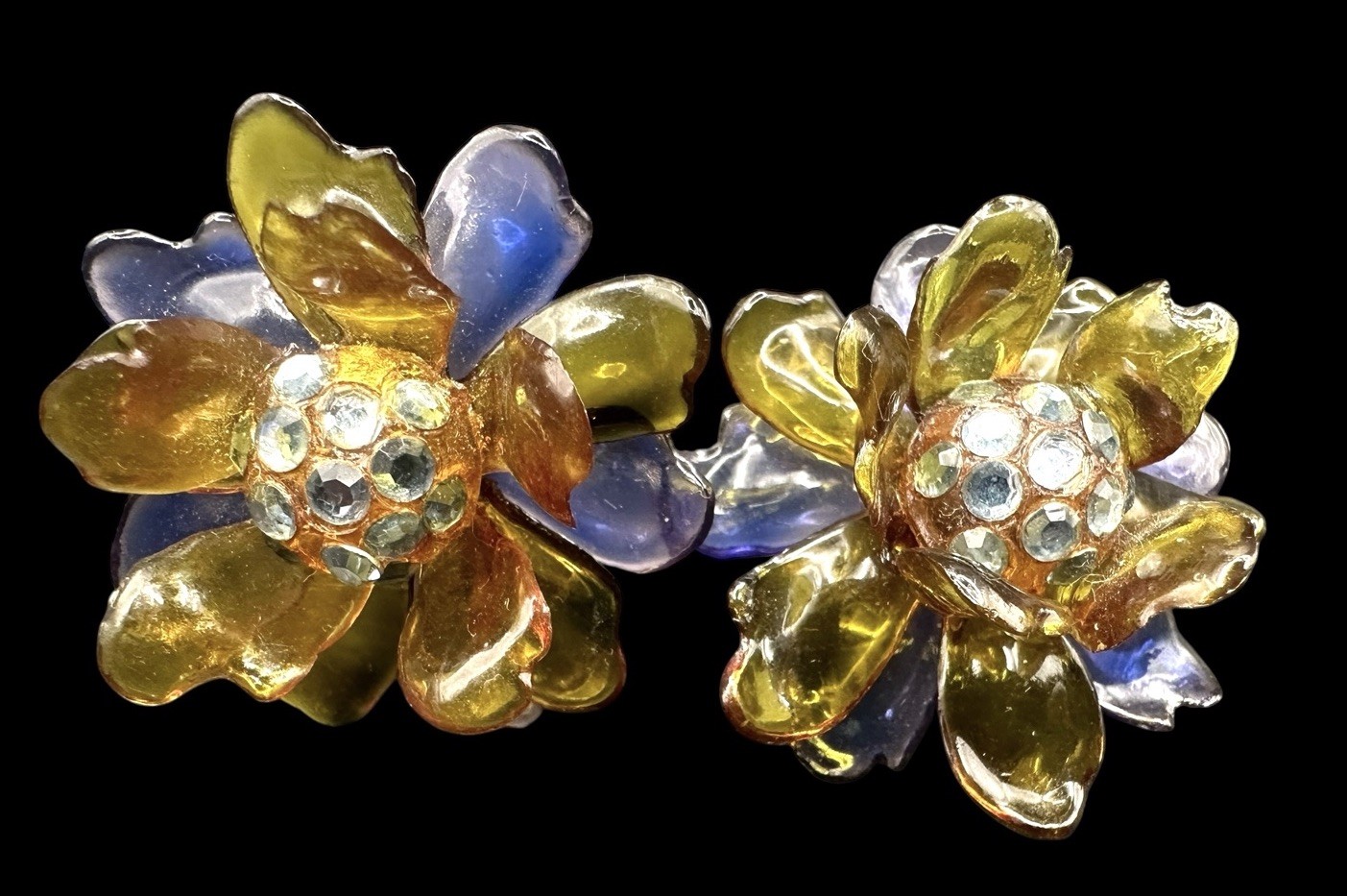 Vtg 1930/40s Cellulose Acetate & Rhinestone Flower Earrings Purple Green/Yellow