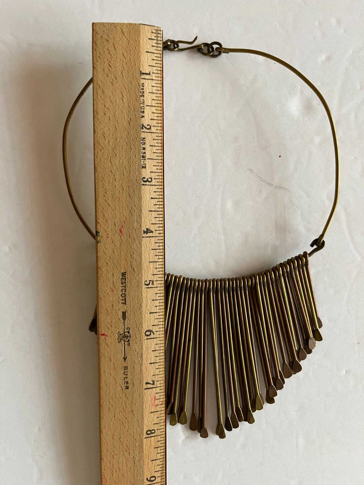 Vintage Brass Paddle Bib Collar Necklace Choker Hammered Fringe Tribal Boho