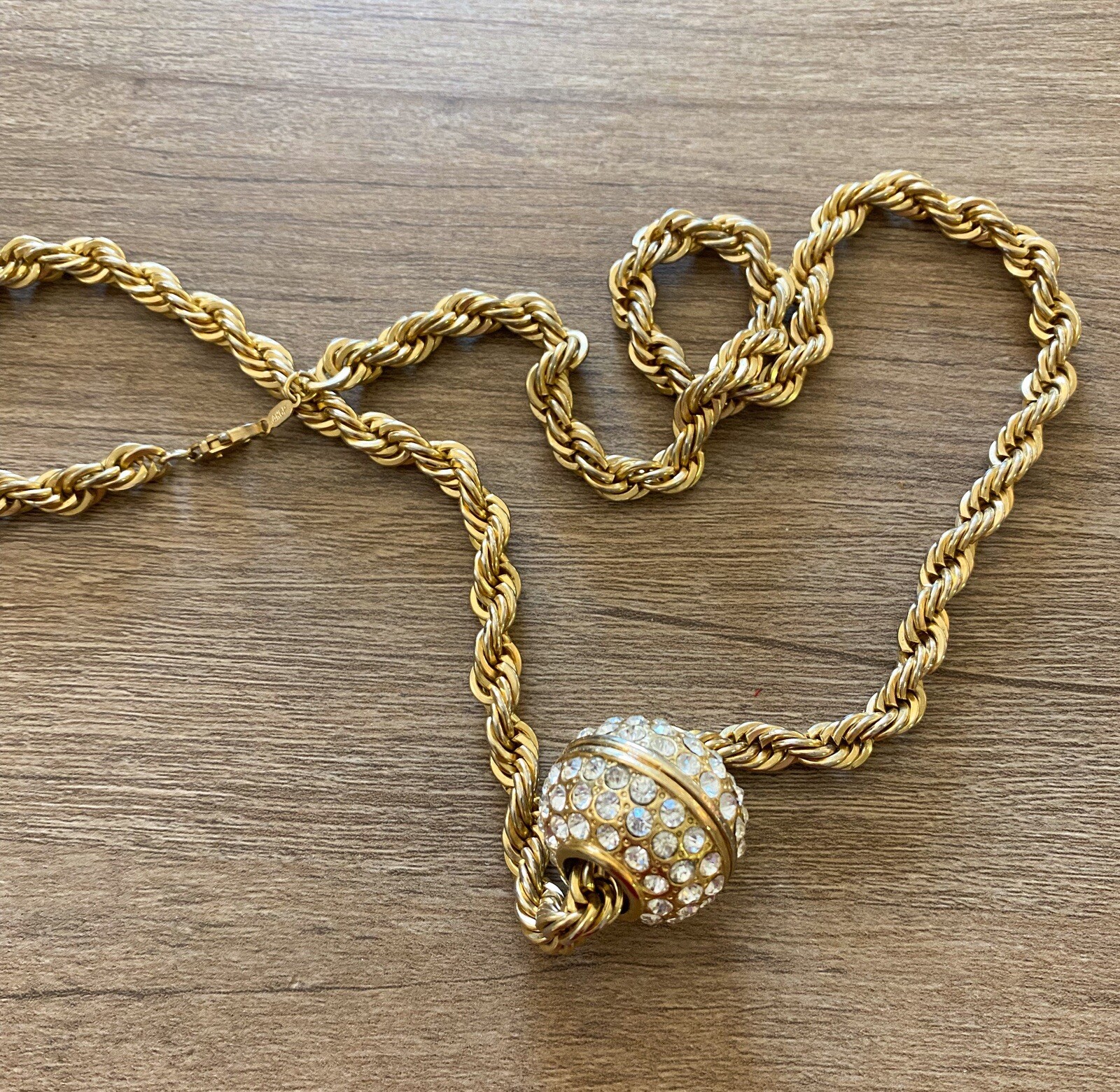 VTG Heavy 14K Gold Plated Rope Chain Crystal Pave Slide Ball Enhancer Necklace