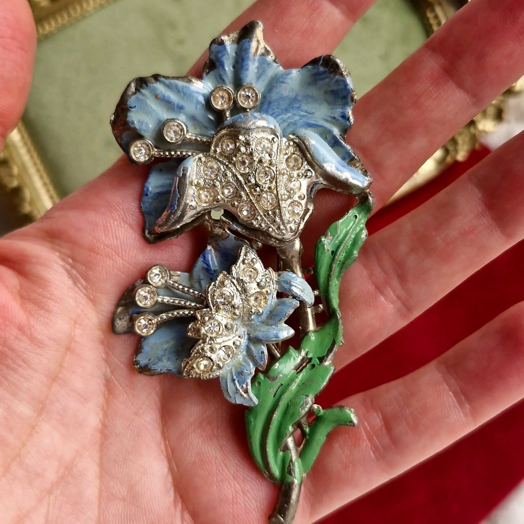 Vintage N.E. New England Glass Works Blue Enamel Flower Brooch Rhinestones 40s