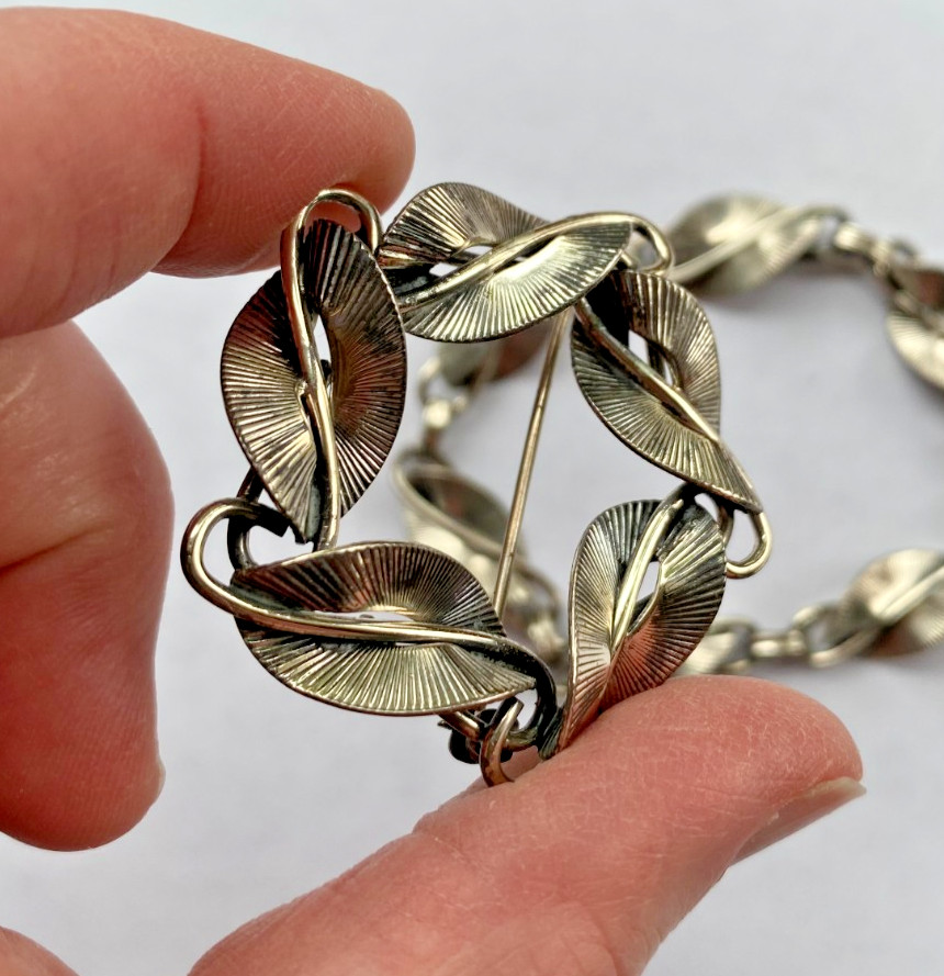 Signed Danecraft Sterling 925 Fancy Leaf Link Bracelet & Pin Brooch Set