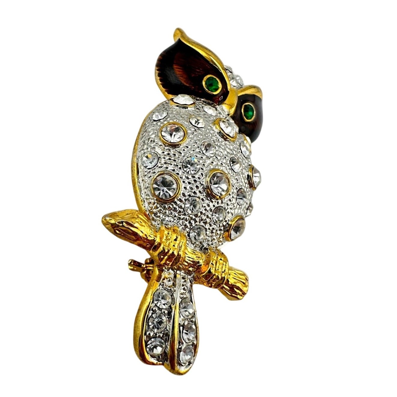 Vintage Rhinestone Owl Two Tone Crystal Accent Enamel Stunning 2.25×1” Brooch