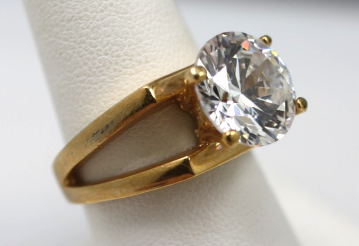 18K yellow gold plated large 12mm round clear stone double style band ring sz 8