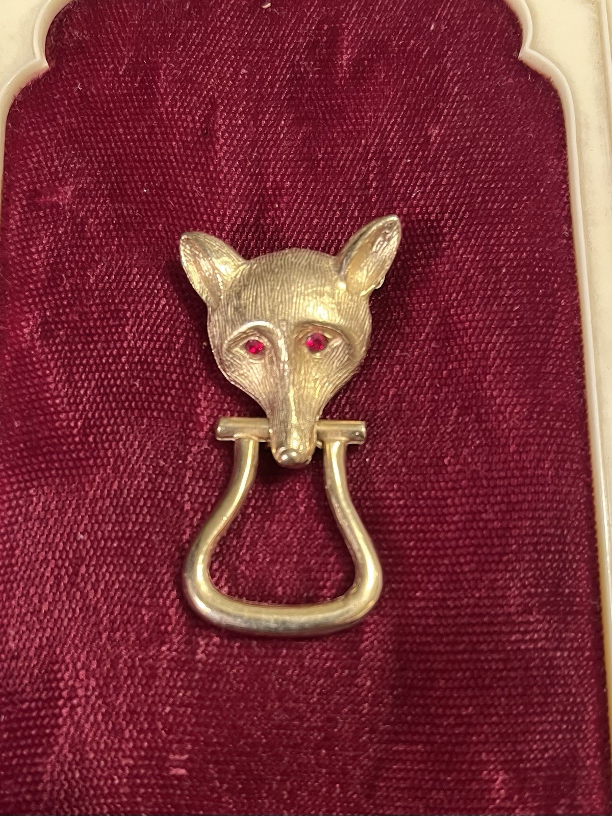 Gold Tone FOX pin With Moveable Stirrup In His Mouth..1 5/8” red eyes