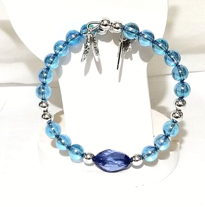 Vintage Handmade Unisex Adult Adjustable Blue Beaded Bracelet with Charms