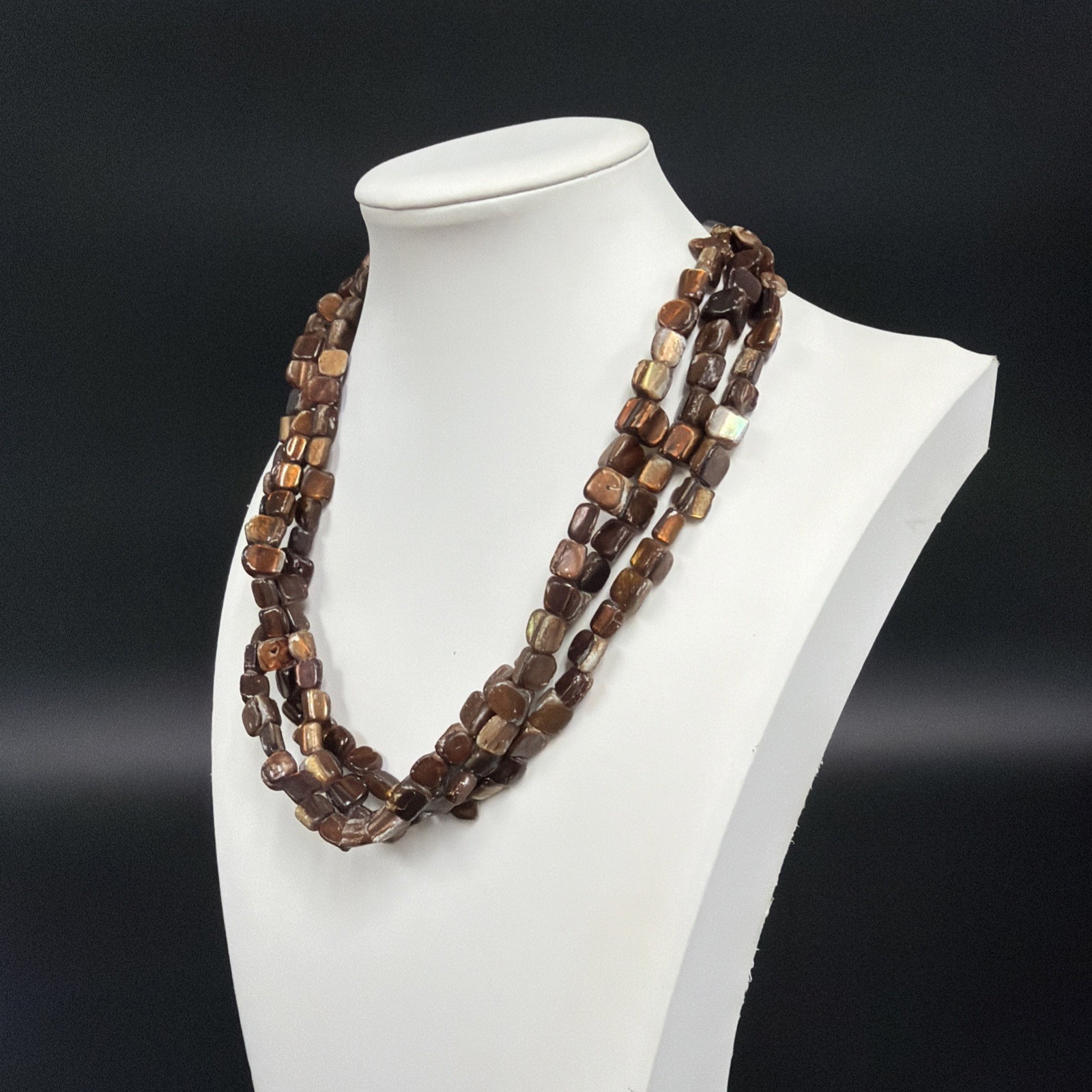 Vintage Triple Strand Bronze Color Natural Stone 18-20″ Choker Necklace