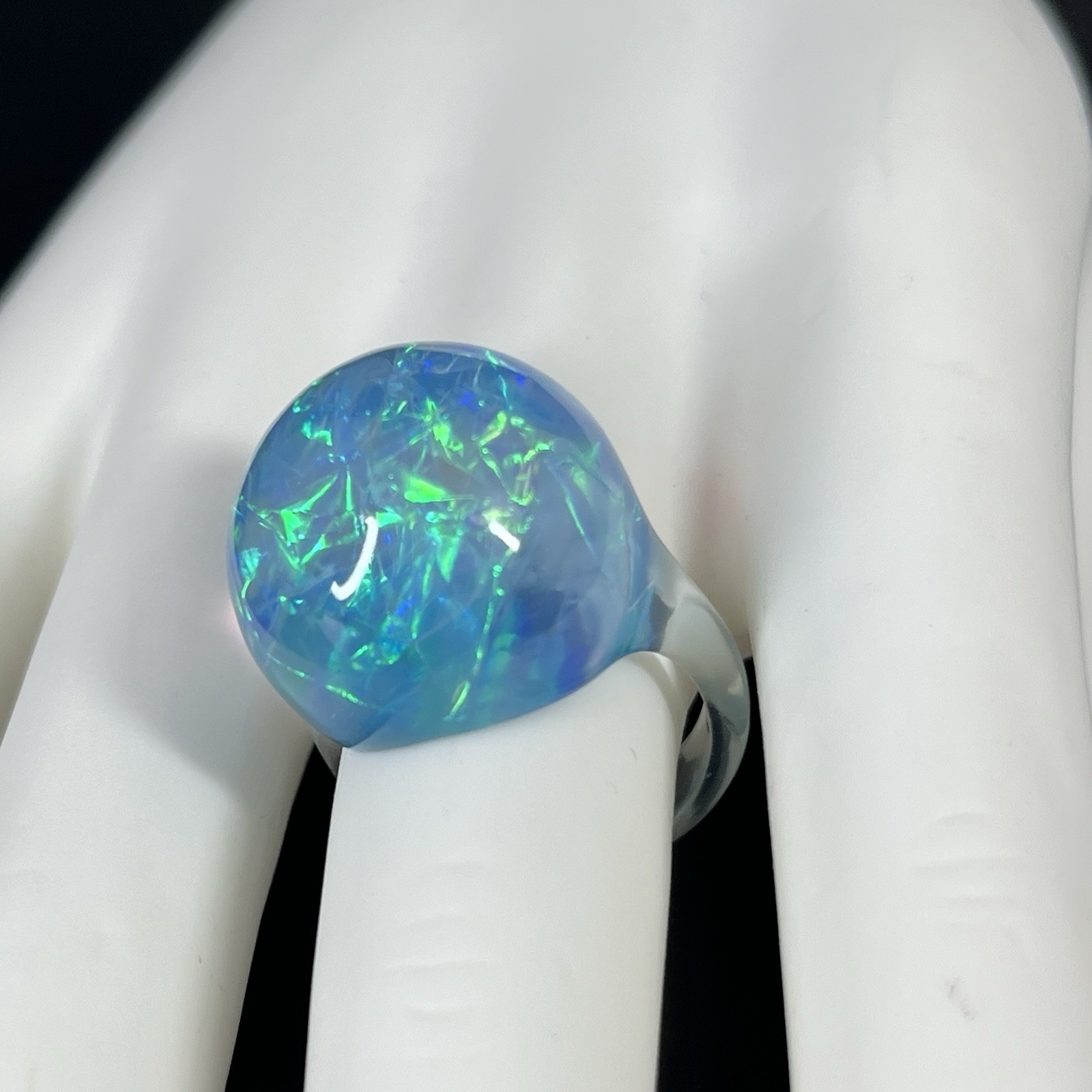 Blue Clear Lucite Dome Ring Size 7.5 Iridescent Opalescent Retro Moon Ring
