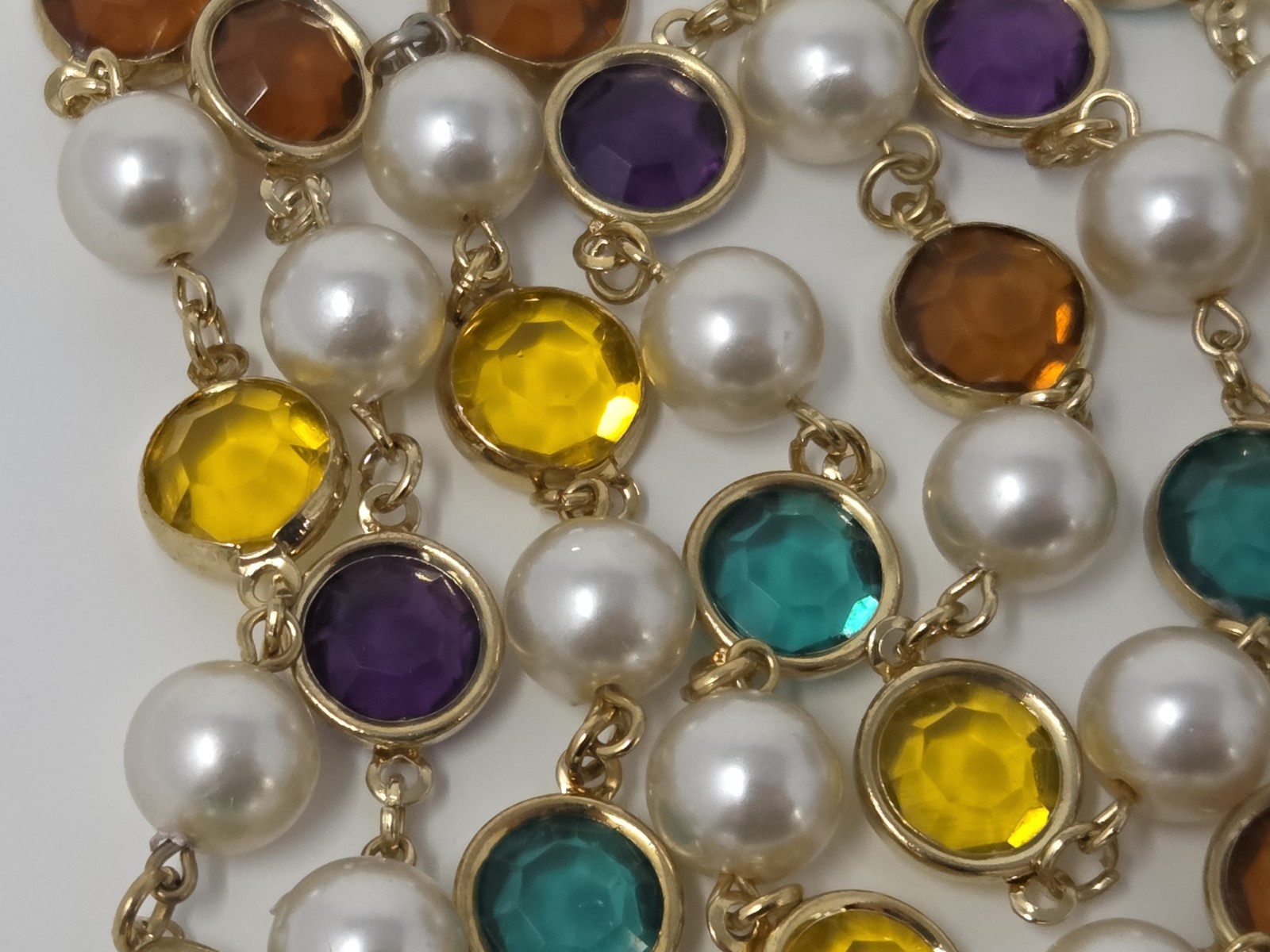 Faux Pearl & Multicolor Bezel Set Acrylic Crystal Necklace 35 Inches Vintage