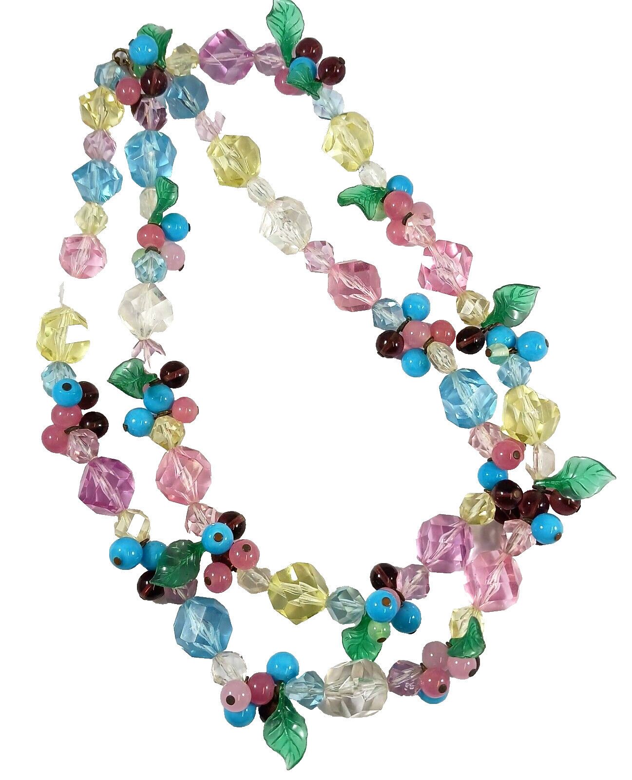Vintage Pastel Faceted Acrylic Glass Berries Leaves Bead Necklace ~ 35 inches