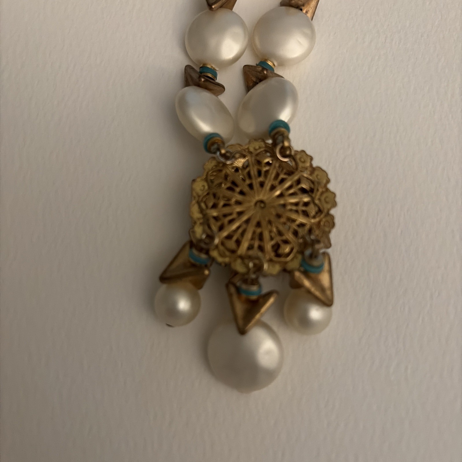 Vintage Statement, Necklace, Pearls Turquoise, And Gold Tone, 22 Inches signed