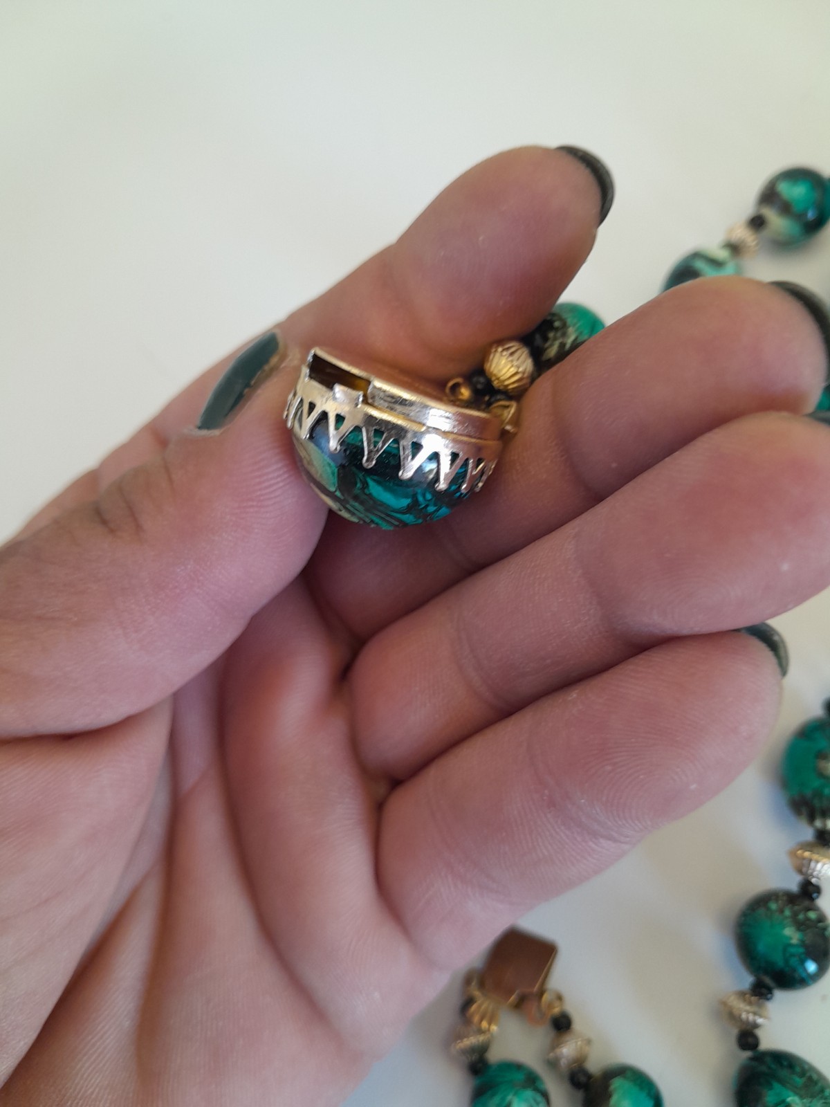 Hong Kong Double Strand Necklace Blueish Green, Black, And Silver Tone