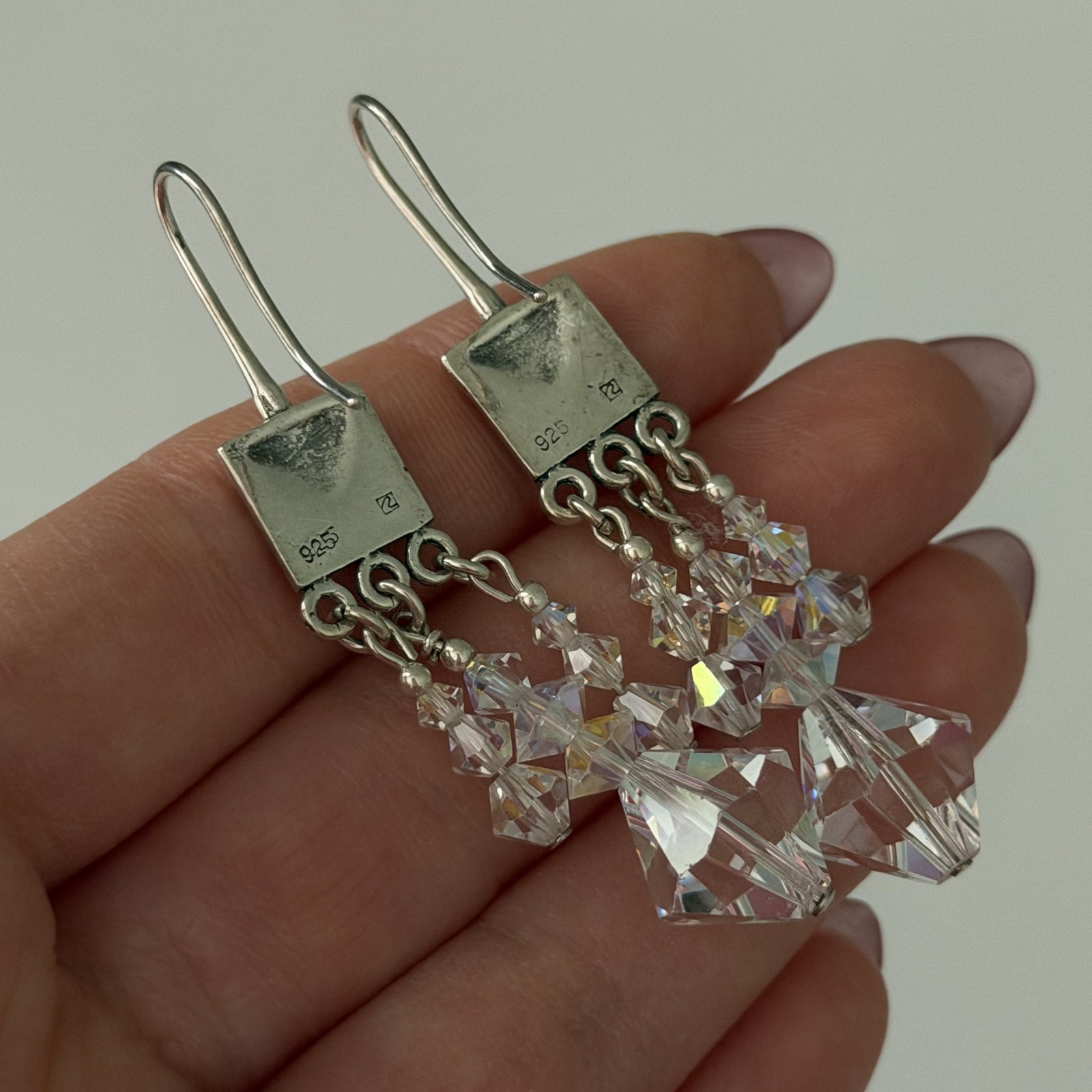 Vintage 925 Sterling Silver Clear AB Crystal Chandelier Dangle Earrings