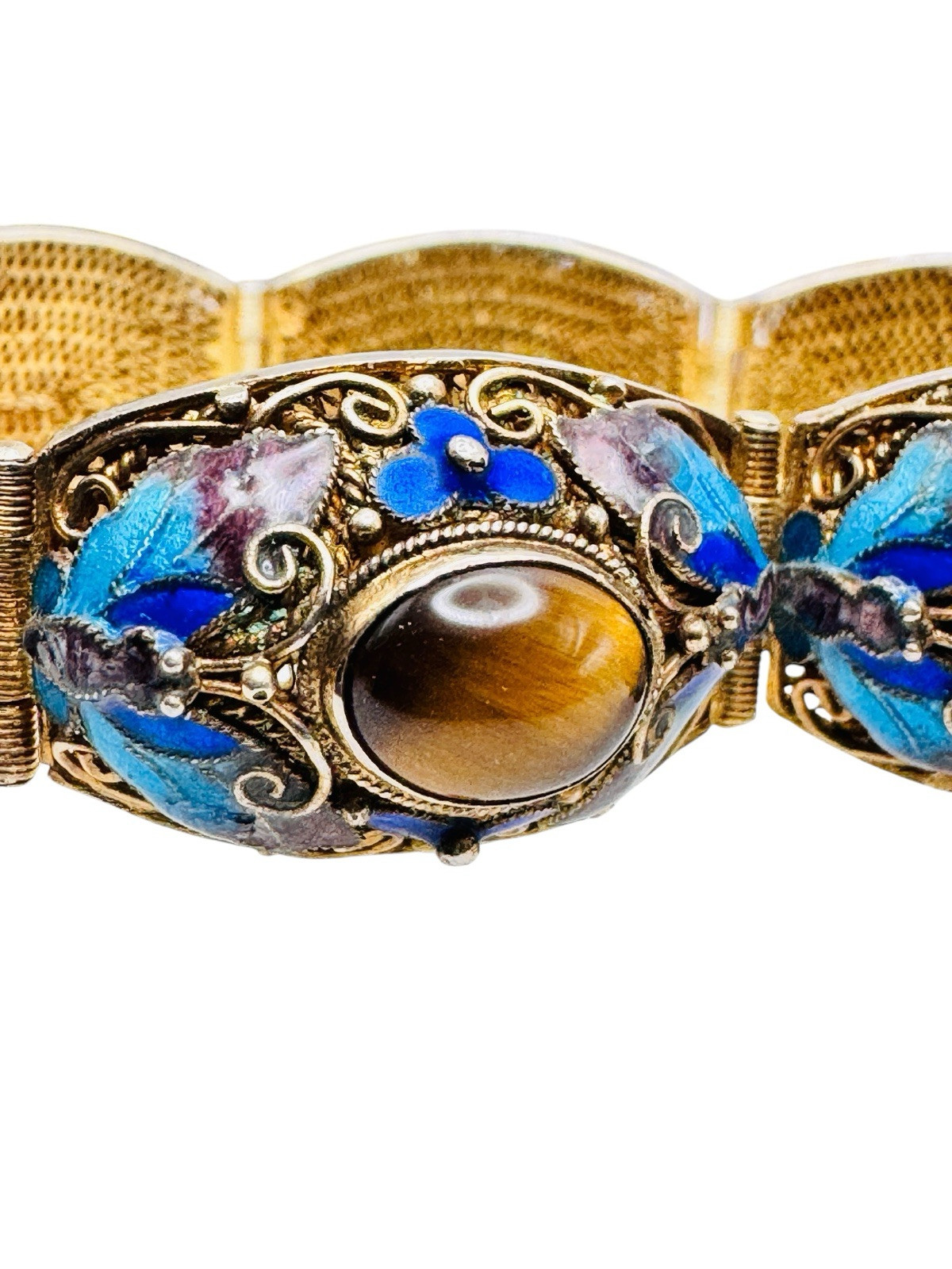 Vintage Chinese Export Gilt Silver Enamel Mesh Filigree Bracelet Tigers Eye Nice