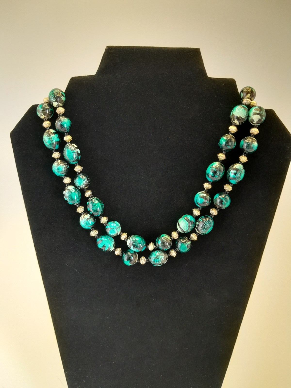 Hong Kong Double Strand Necklace Blueish Green, Black, And Silver Tone
