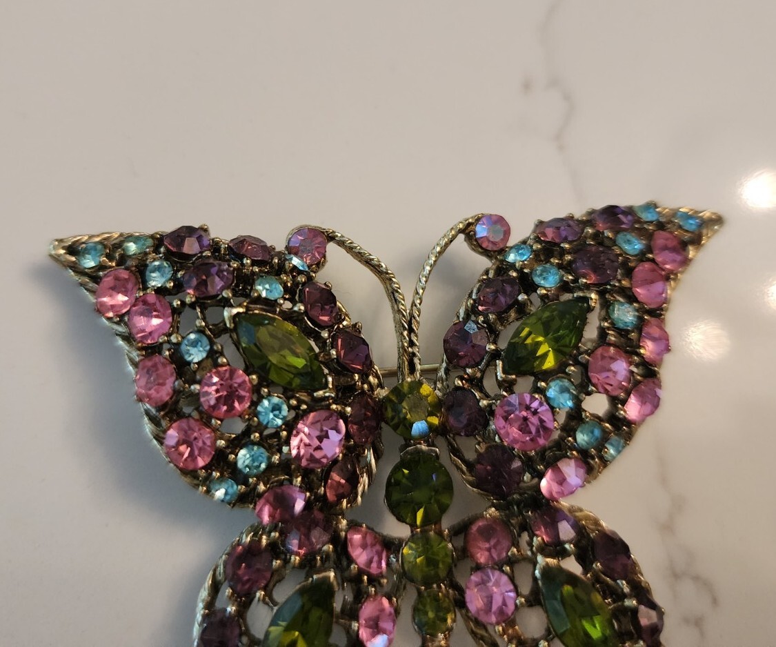 Vintage Butterfly Brooch Multicolor Rhinestones Midcentury 2 inches Pink
