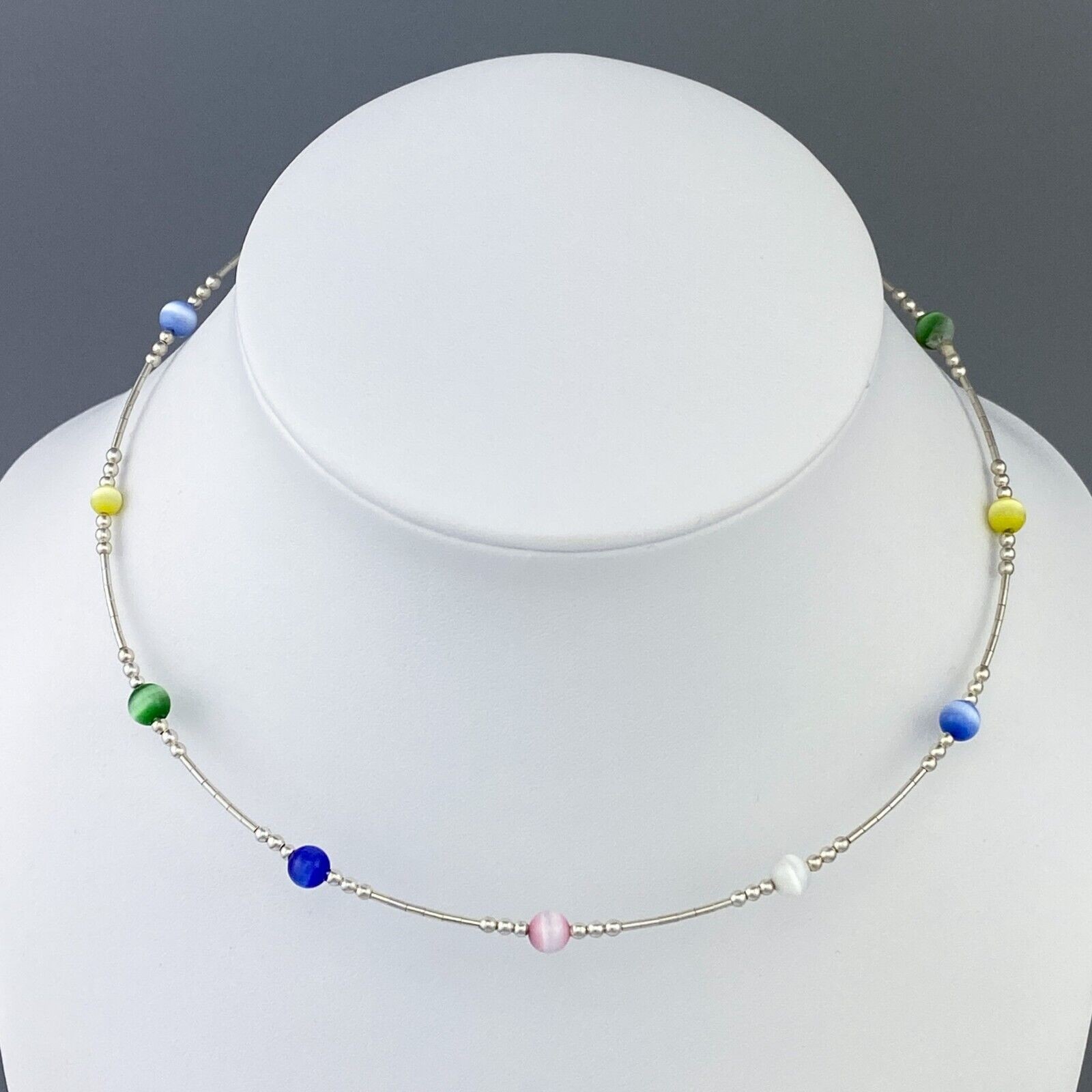 Memory Wire Multicolor Cat’s Eye Choker Necklace | Sterling Silver 925 | 15.5″