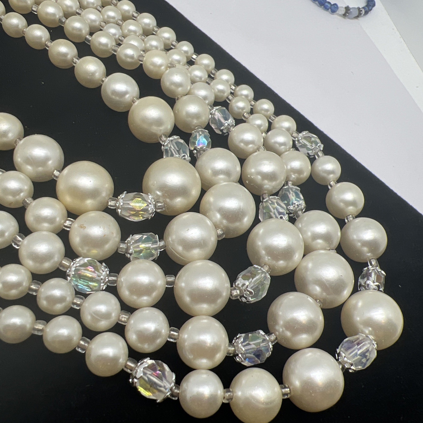 Vintage 5 Strand Faux Pearl AB Glass Beaded 14”-16” Necklace 7983