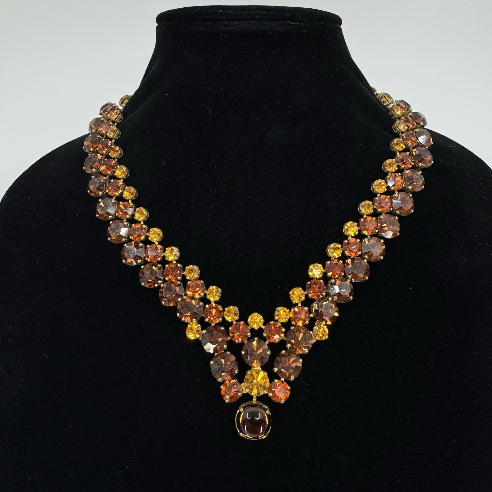 Large Statement Gold Tone Multi-tone Amber Round Rhinestone Necklace 17”